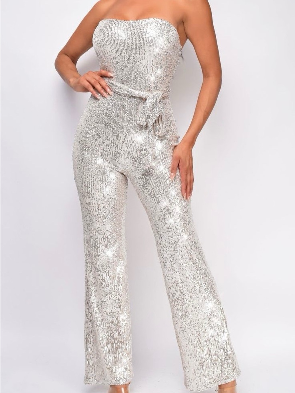 Strapless Sequin Jumpsuit in Silver with Self-Tie Belt